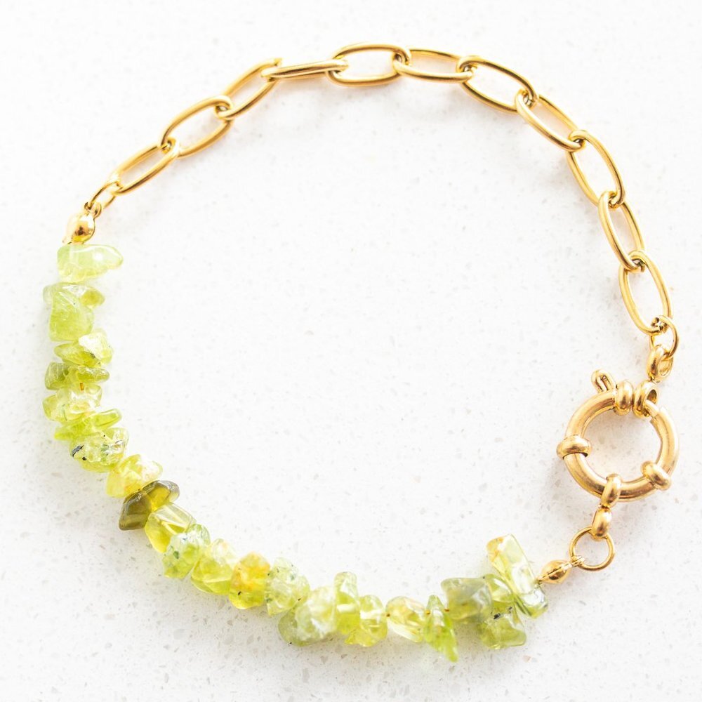 Bracelet Green Peridot Gemstone Bracelet with Gold Chunky Paperclip Chain PRETTY
